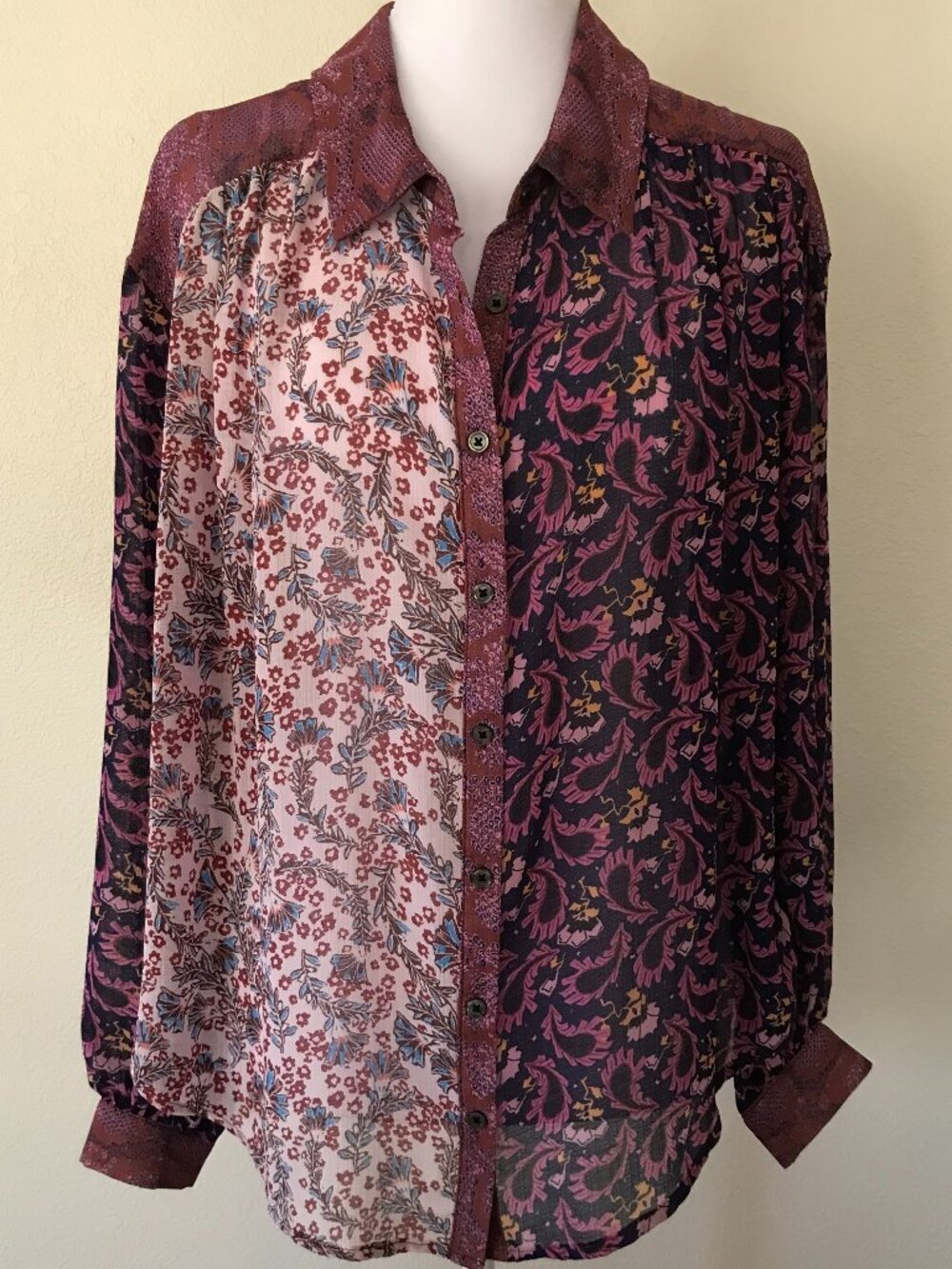 Free People Dani Button Down Top S Purple Floral Paisley Boho